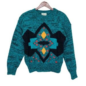 Vintage Silvercord Geometric Tribal Teal Aqua Knit Crewneck Sweater Size Large